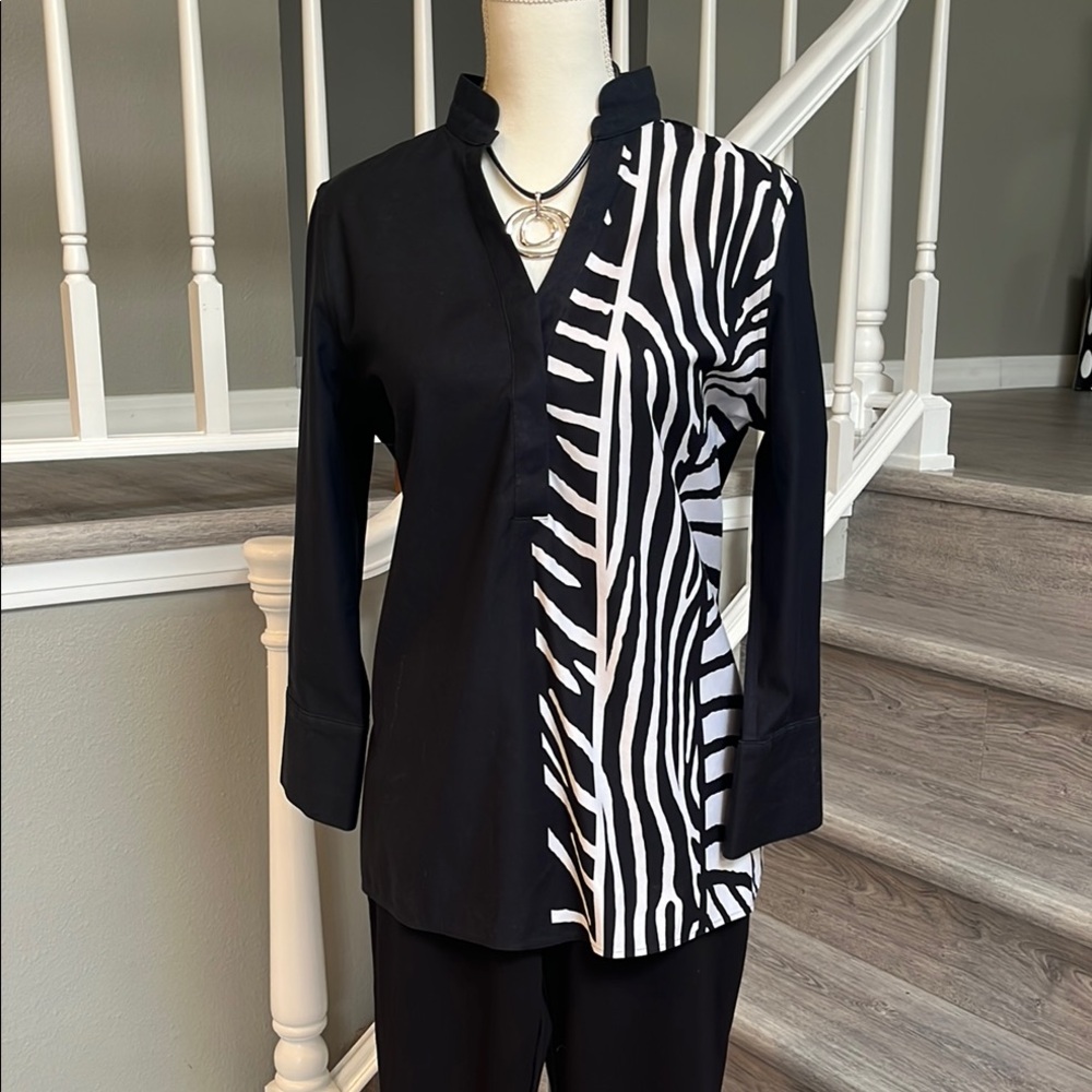 Chico's Black and White Asymmetrical Graphic Blouse